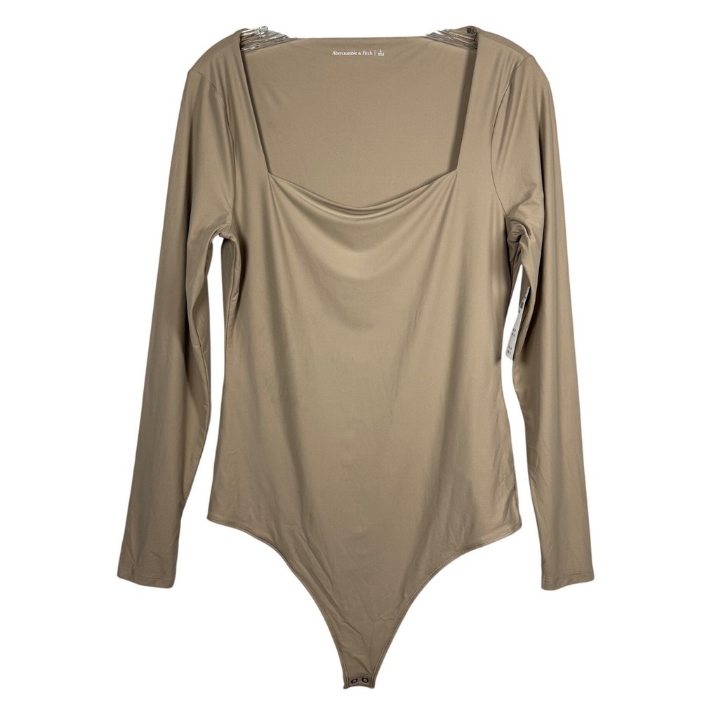NWT Abercrombie & Fitch Long Sleeve Square Neck Bodysuit Tan Beige Size Large